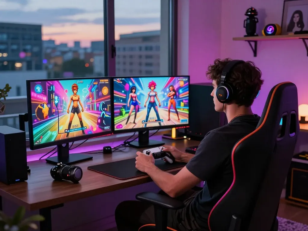 Engaged user playing an adult game on dual monitors, showcasing vibrant graphics and gaming setup.