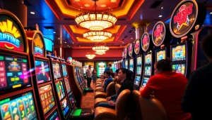 Slot Game yang menarik di dalam kasino dengan berbagai mesin slot berwarna-warni.