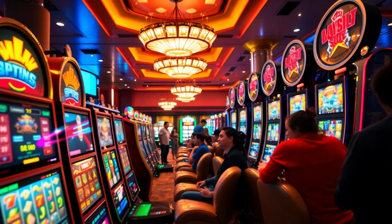 Slot Game yang menarik di dalam kasino dengan berbagai mesin slot berwarna-warni.