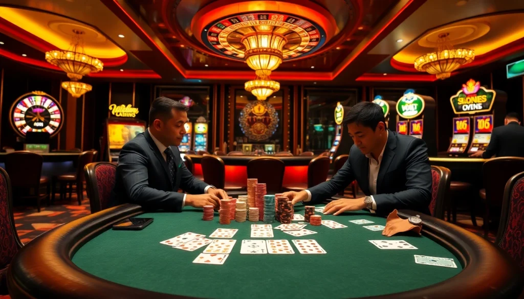 Intense poker game atmosphere featuring OK8386 gambling elements with professional players and vibrant casino décor.