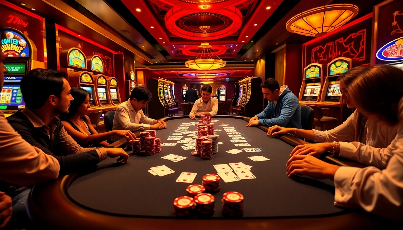 79king poker table showcasing intense gameplay with chips and cards in a luxurious casino setting.