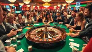 Play gamblers engaged at a bustling casino roulette table showcasing thrill.