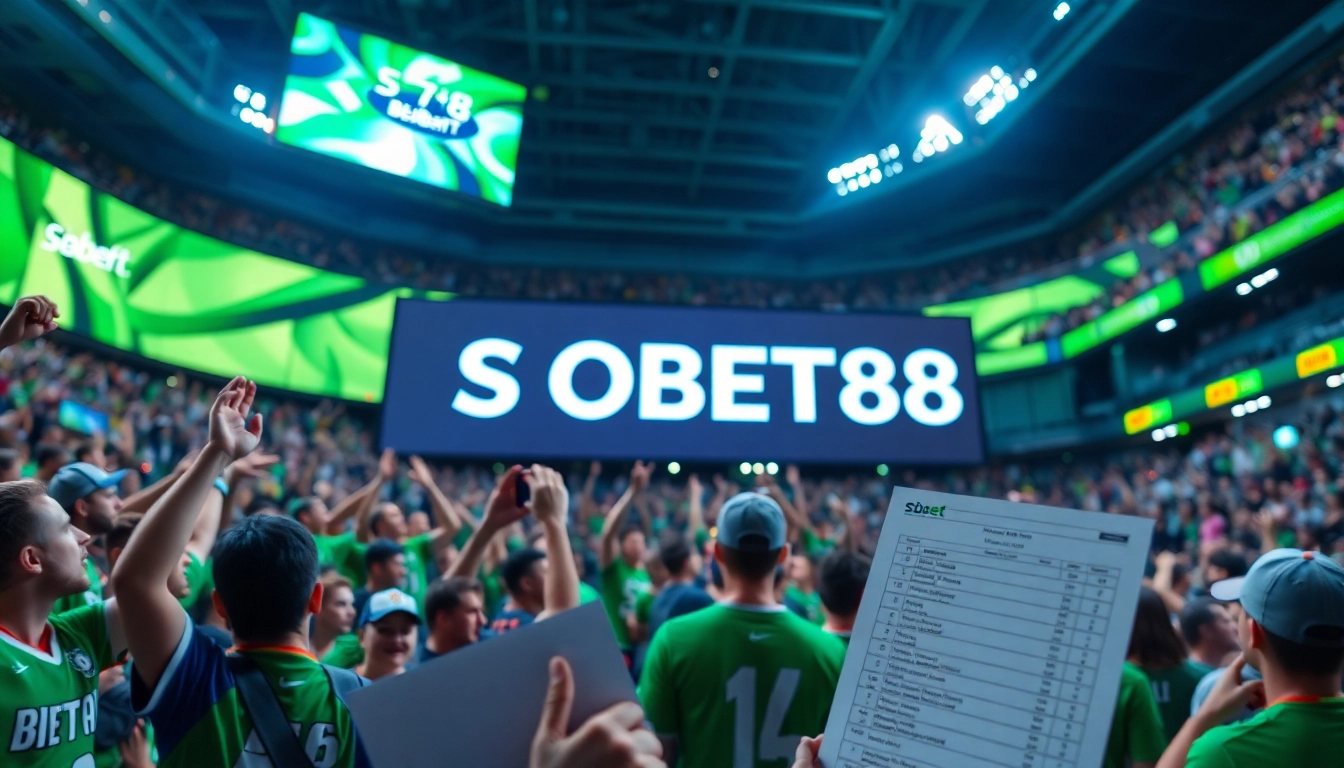Menampilkan logo SBOBET88 di latar belakang dengan penggemar bersemangat di stadium.