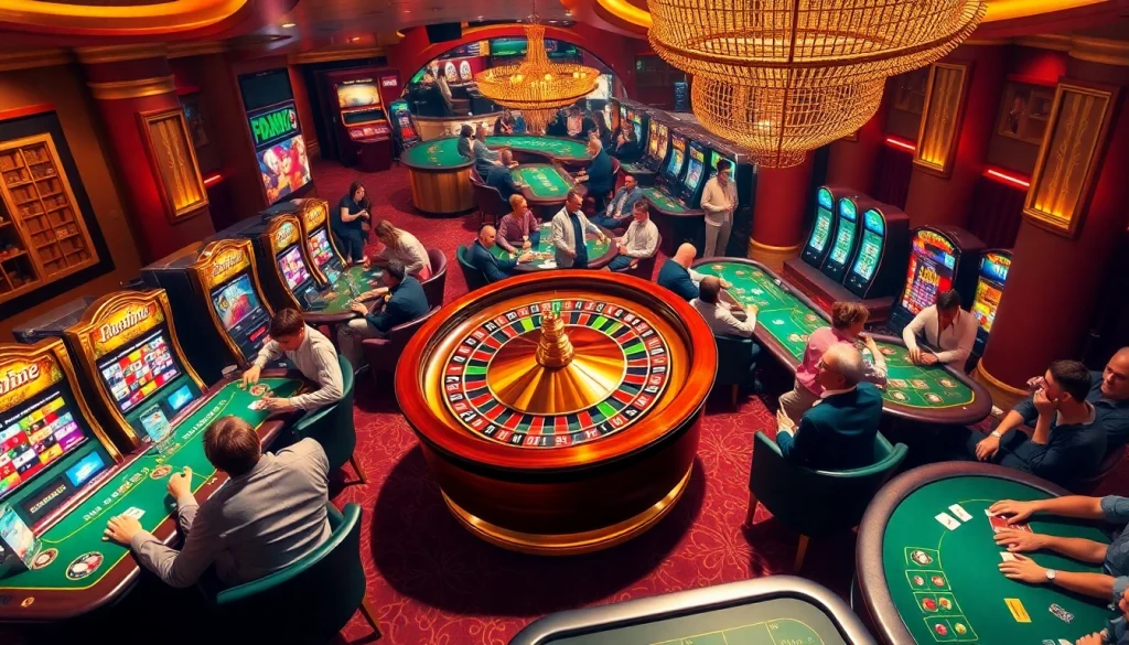 Players enjoying thrilling roulette and poker games at XX88's luxurious casino floor, celebrating wins.