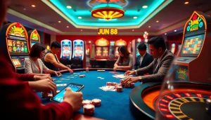 Jun88 players engaging in high-stakes poker at a vibrant casino table surrounded by colorful slot machines.