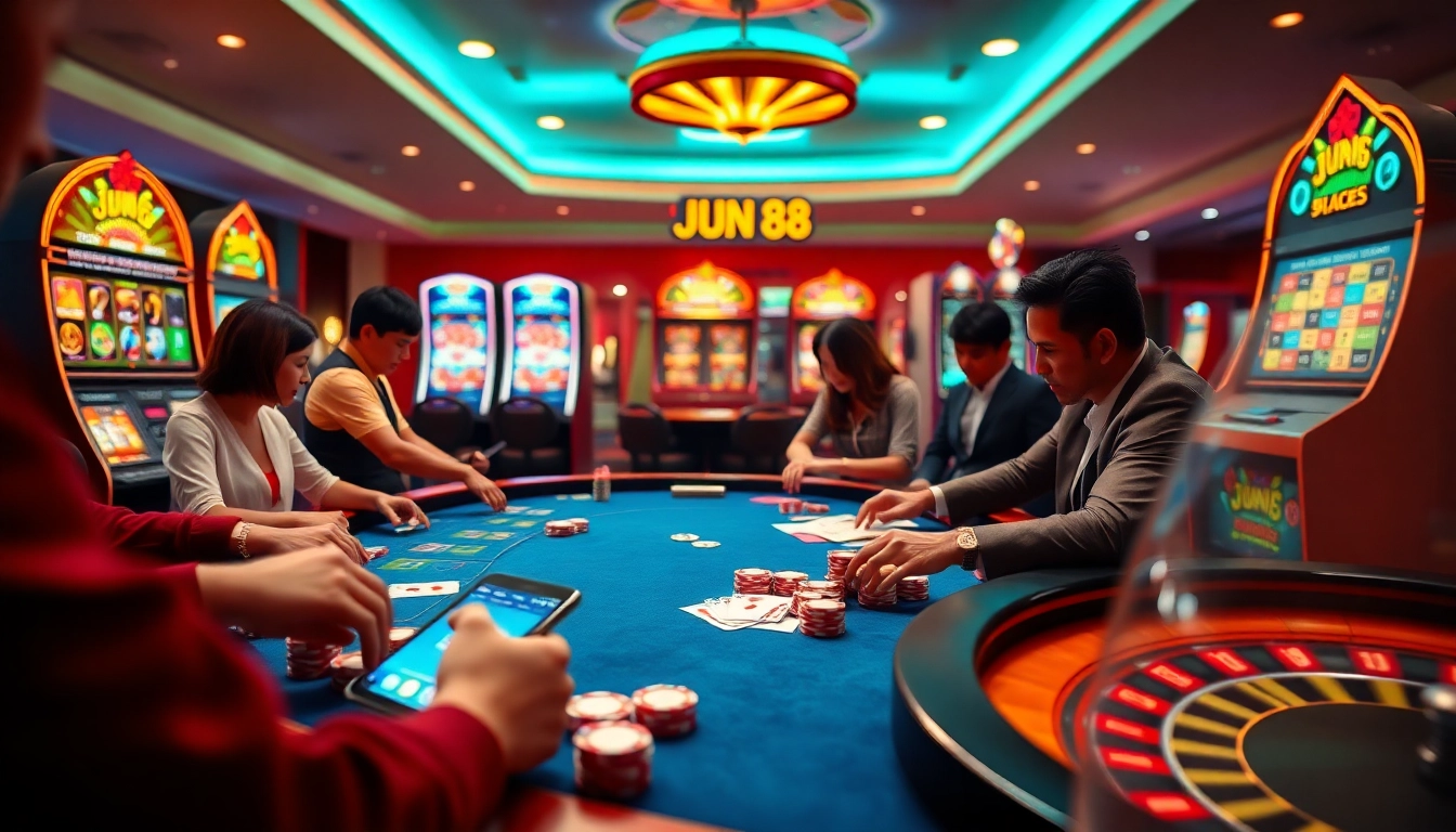 Jun88 players engaging in high-stakes poker at a vibrant casino table surrounded by colorful slot machines.
