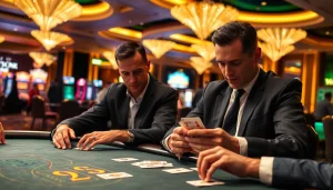 Players strategizing in a high-stakes Blackjack Casino game, showcasing concentration and excitement.
