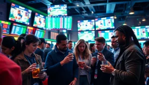 People enjoying Sports Betting in a lively sportsbook filled with excitement and live sports.