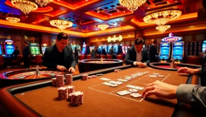 Excited gamblers engage with poker chips and cards at 32win's luxurious casino.