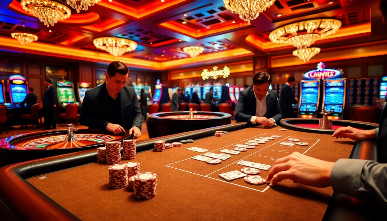 Excited gamblers engage with poker chips and cards at 32win's luxurious casino.