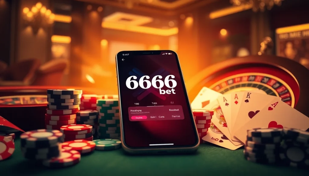 Experience the thrill of online gaming with the 6666bet Download displayed on a modern device amidst vibrant casino elements.