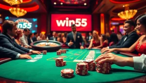 Players enjoying a thrilling poker game at win55 casino with vibrant atmosphere.