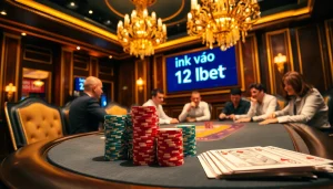 Exciting poker scene with gamers experiencing ink vao 12bet action in a luxurious casino setting.