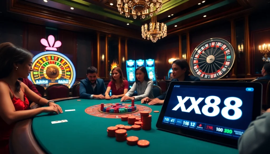 Experience lively poker excitement at xx88 with vibrant players and luxurious casino ambiance.