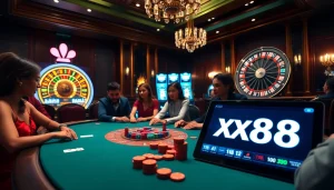 Experience lively poker excitement at xx88 with vibrant players and luxurious casino ambiance.