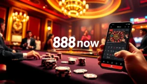 Experience the thrill of 888now with a vibrant casino scene featuring poker chips and a roulette wheel.