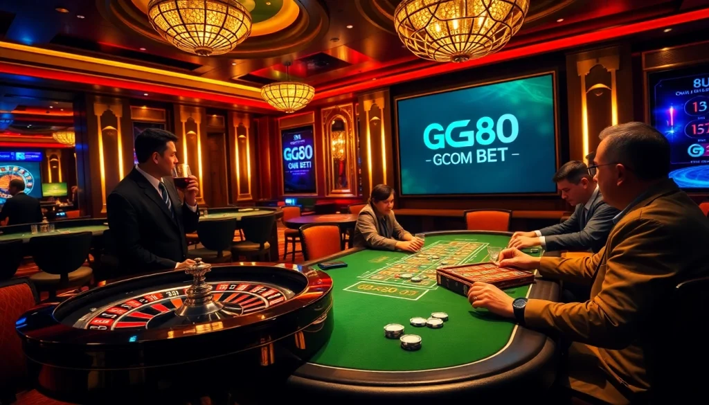 Experience high-stakes gaming at GG88COM BET with a luxurious casino scene featuring roulette and poker.