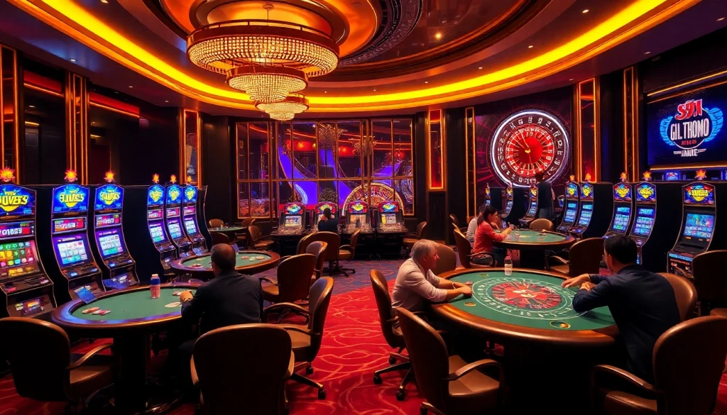 Engaging scene of Đá Gà Thomo BJ888 with players, gambling tables, and vibrant slot machines.