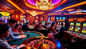 Experience the thrill of gaming at hi88com with vibrant poker tables and roulette wheels.