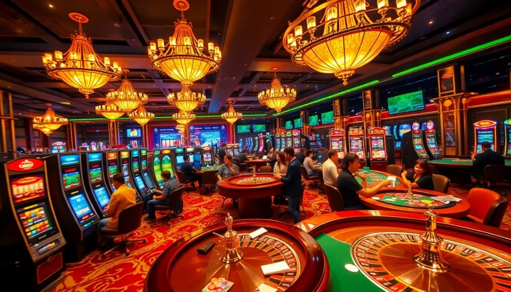 KJC casino scene with players enjoying slot machines and roulette in a luxurious atmosphere.