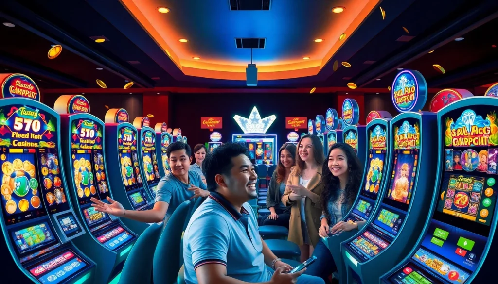 Exciting slot gaming experience on hoki138 platform with diverse players enjoying vibrant arcade environment.