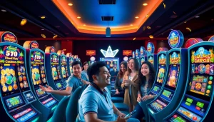 Exciting slot gaming experience on hoki138 platform with diverse players enjoying vibrant arcade environment.
