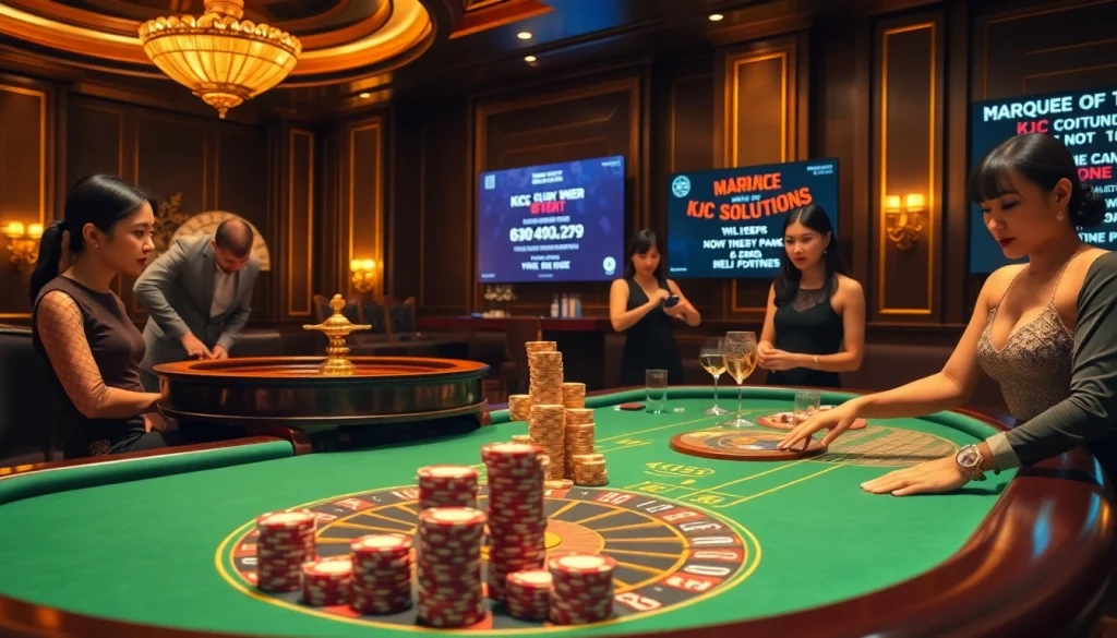 Engaged players strategize at a Kjc solutions casino table, surrounded by luxury gaming elements.