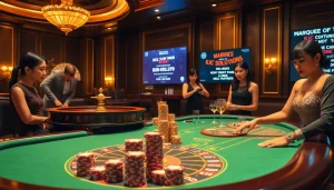 Engaged players strategize at a Kjc solutions casino table, surrounded by luxury gaming elements.