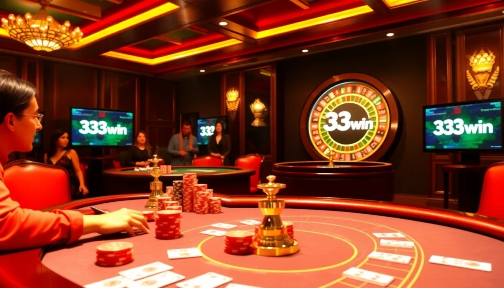A thrilling casino scene featuring a poker table and roulette wheel, showcasing 33win logo and vibrant gambling atmosphere.