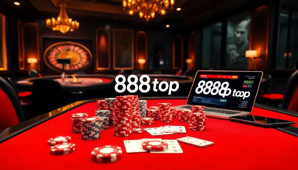 Experience the thrill of poker at 888top with luxurious chips and cards in a vibrant casino atmosphere.
