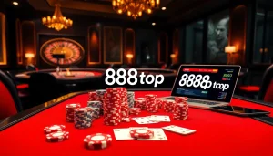 Experience the thrill of poker at 888top with luxurious chips and cards in a vibrant casino atmosphere.