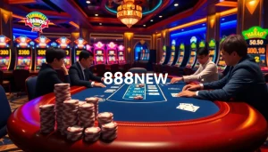 Experience the excitement of nhà cái 888NEW with players at a high-stakes poker table surrounded by vibrant slot machines.