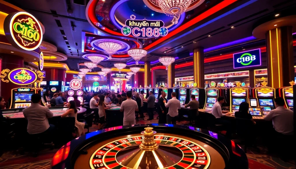Excited players celebrating khuyến mãi C168 wins at a vibrant casino environment.