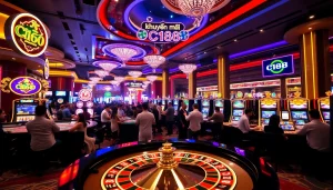 Excited players celebrating khuyến mãi C168 wins at a vibrant casino environment.