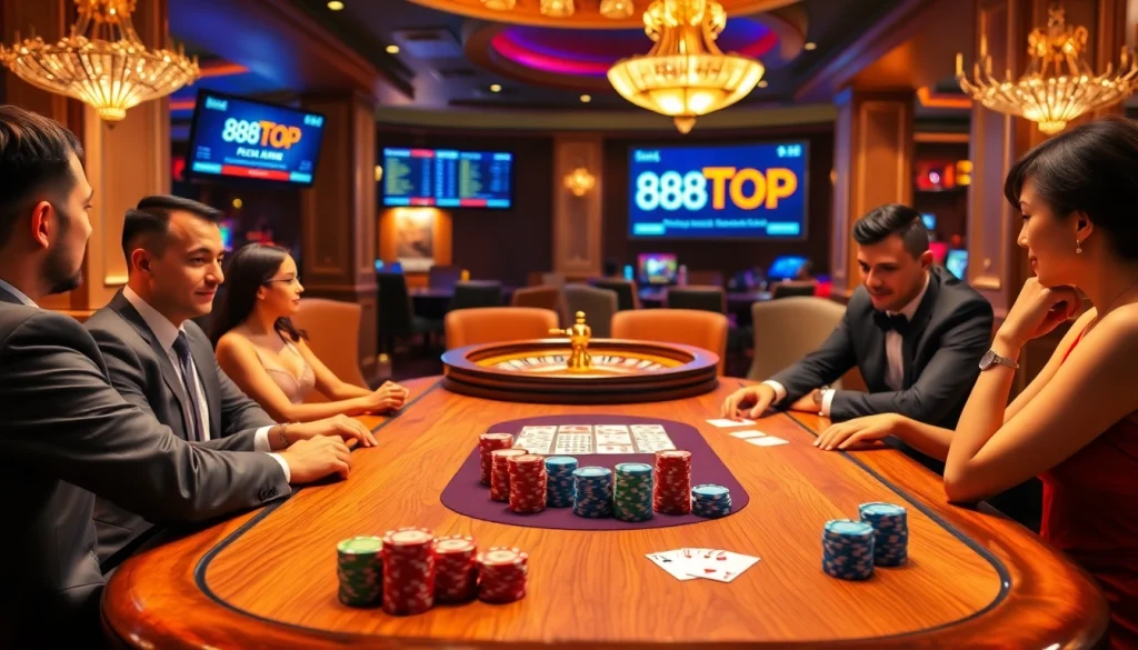 Exciting poker game at 888TOP casino with vibrant chips and elegant players.