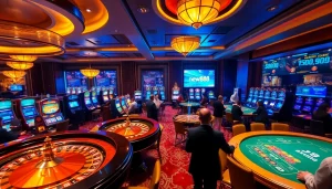 Join the excitement at new888 with players enjoying roulette and slot machines in a luxurious casino.