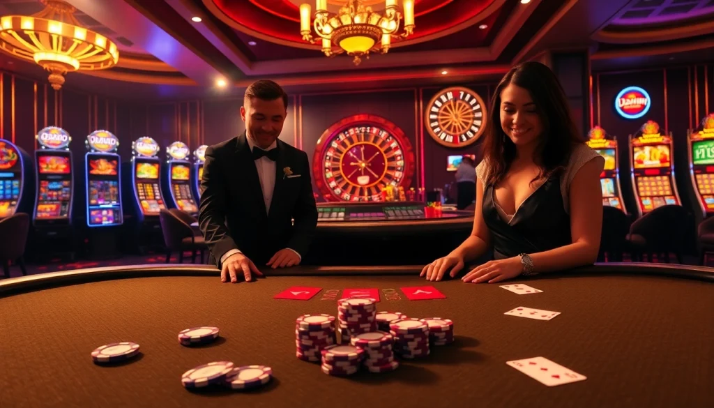 Experience the thrill of 13win as players engage in blackjack, surrounded by vibrant casino elements.