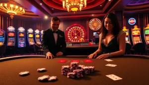 Experience the thrill of 13win as players engage in blackjack, surrounded by vibrant casino elements.