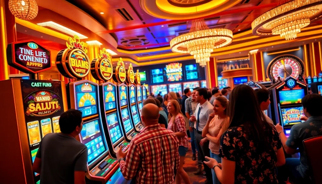 Play exciting games at 슬롯사이트 with vibrant slot machines and lively casino atmosphere.