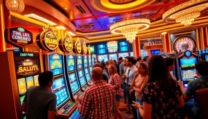 Play exciting games at 슬롯사이트 with vibrant slot machines and lively casino atmosphere.