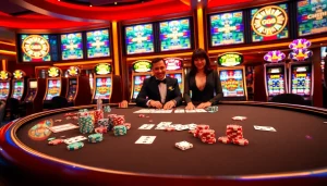 GG88 gaming table filled with cards, chips, and a professional dealer in a luxurious casino setting.