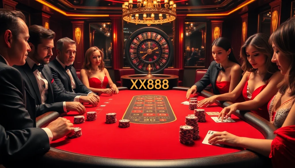 Players at a luxurious XX88 poker table engaging in a high-stakes game.
