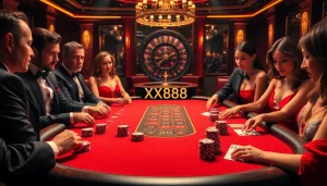 Players at a luxurious XX88 poker table engaging in a high-stakes game.