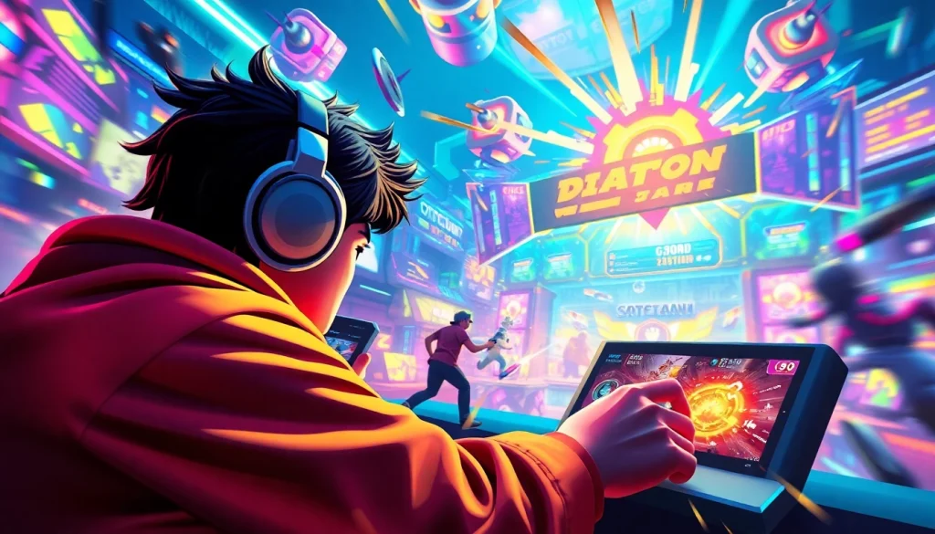 Menggambarkan karakter yang bermain qq macan game dengan grafik berwarna-warni yang mendebarkan.