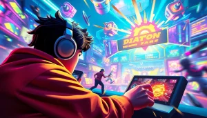 Menggambarkan karakter yang bermain qq macan game dengan grafik berwarna-warni yang mendebarkan.