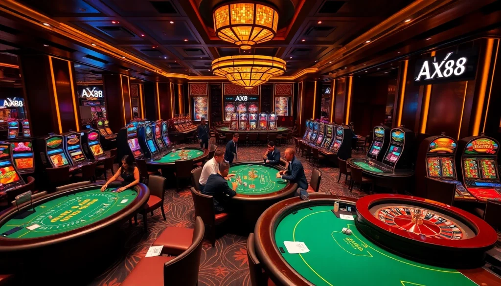 Exciting gaming atmosphere at AX88 featuring casino tables and vivid slot machines.