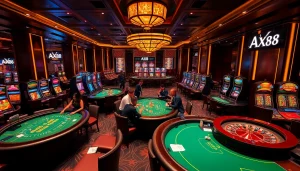 Exciting gaming atmosphere at AX88 featuring casino tables and vivid slot machines.