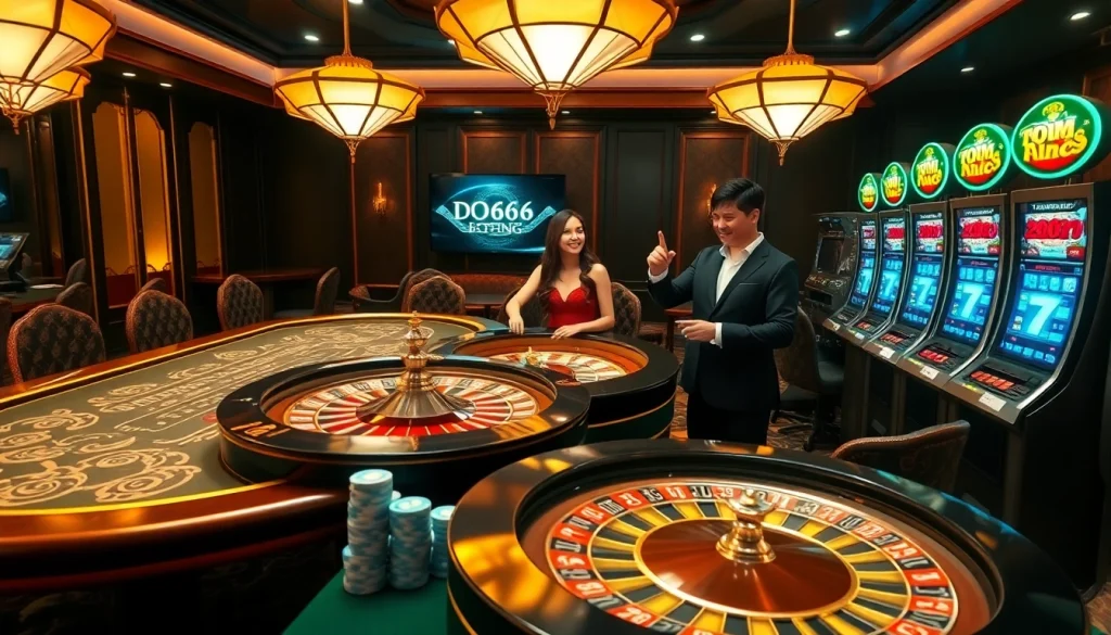 Experience the excitement of Nhà cái Do666 with vibrant casino tables and thrilling betting scenes.