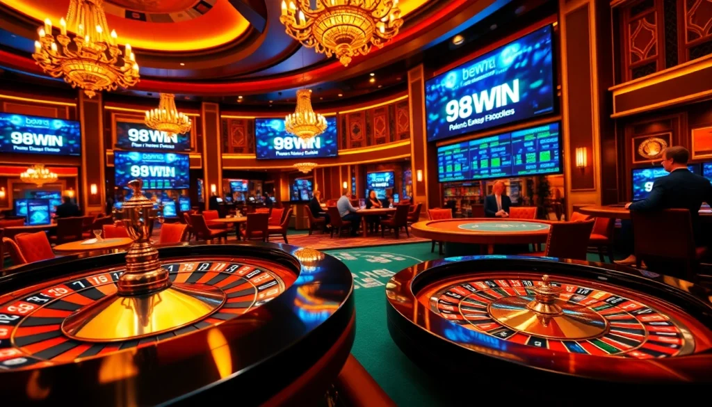 Experience the thrill of gaming at trang chu 98win with vibrant casino visuals and players in action.