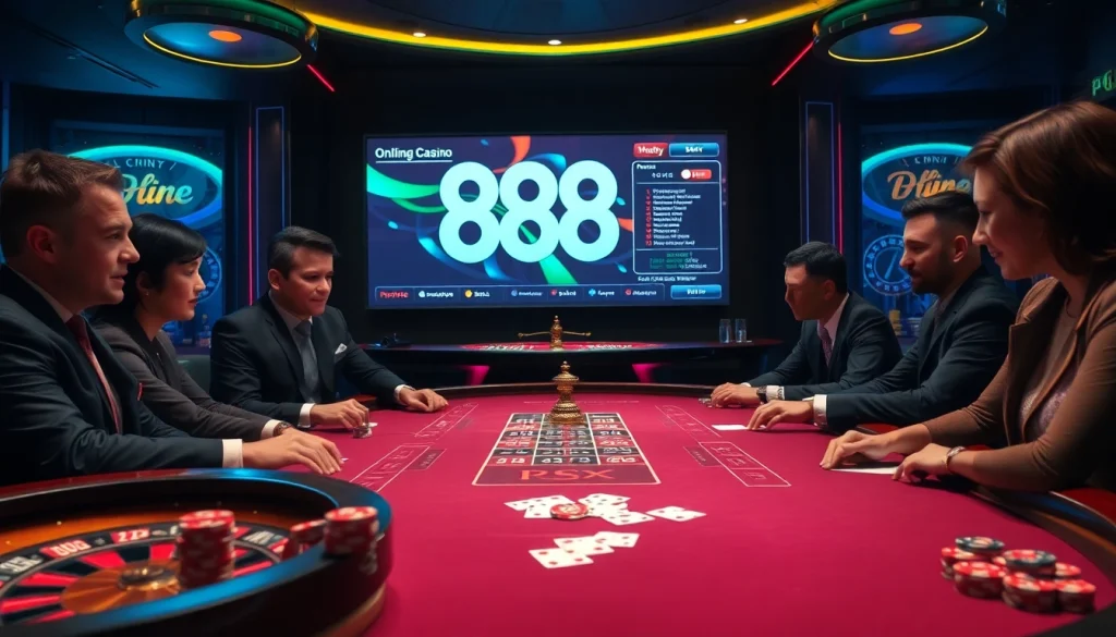 A thrilling poker game at an upscale casino table, highlighting 888 new gaming excitement.